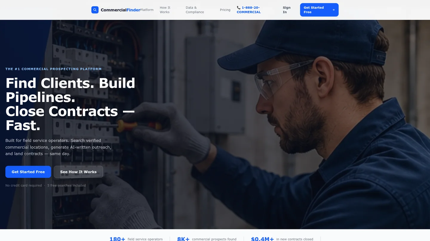 CommercialFinder homepage: headline reading Find Clients. Build Pipelines. Close Contracts, over a photo of a technician working on an electrical panel.