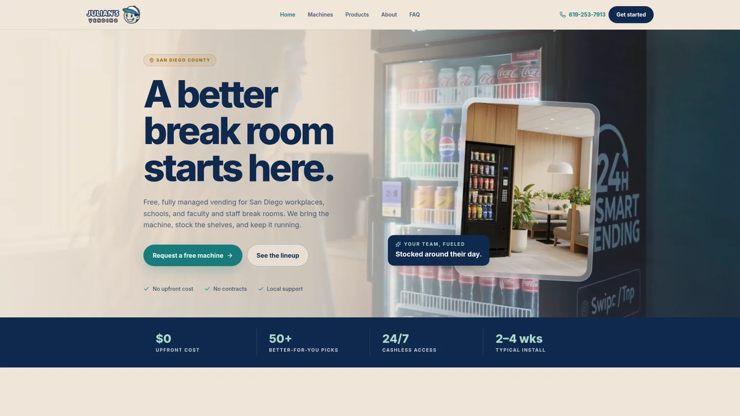 Julian's Vending homepage: headline reading A better break room starts here, a stocked vending machine, and a Request a free machine button.